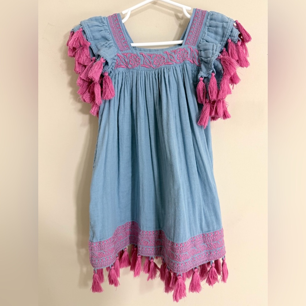 MER ST BARTH Girls Tassel Embroidered Dress Size 2 Bohemian Resort Vacation